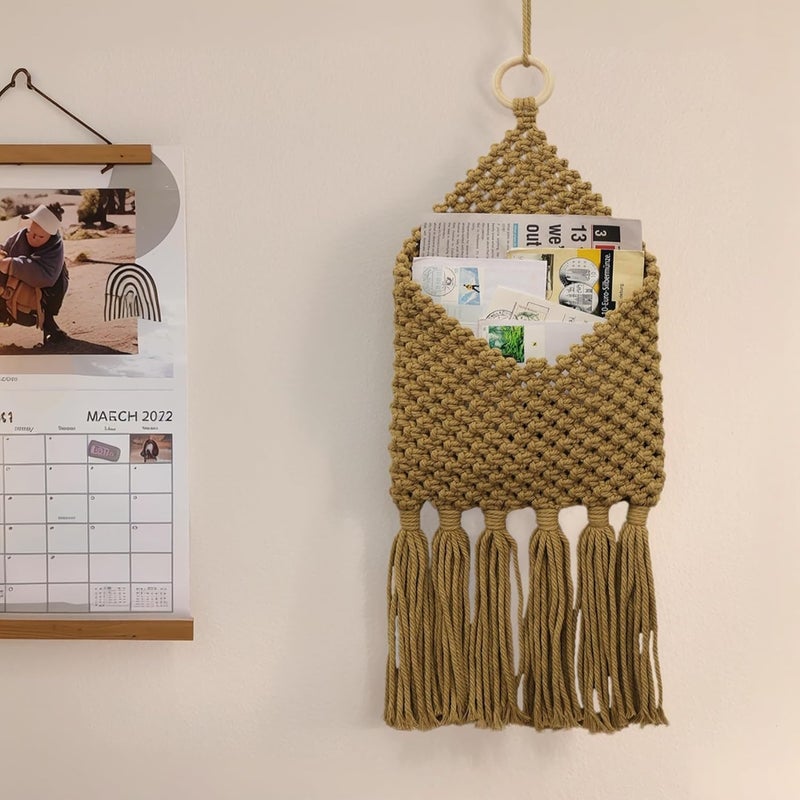 D-werack Macrame Mail Organizer Wall Mounted, Hanging Woven Basket for Boho Home Office Decor, Over the Door Key and Mail Letter Envelope Holder for Entryway Hallway, Olive Green - Image 3